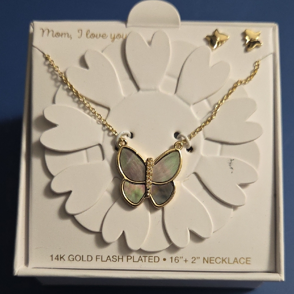 14K Gold Plated Butterfly Necklace with Butterfly Earrings NIB